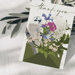 Carte de remerciement 'merci' avec oiseau et fleurs violettes