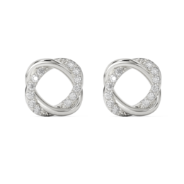 Silver-toned hoop earrings with a twisted, interlocking design. The earrings feature a modern, geometric style and are made of a shiny, metallic material.