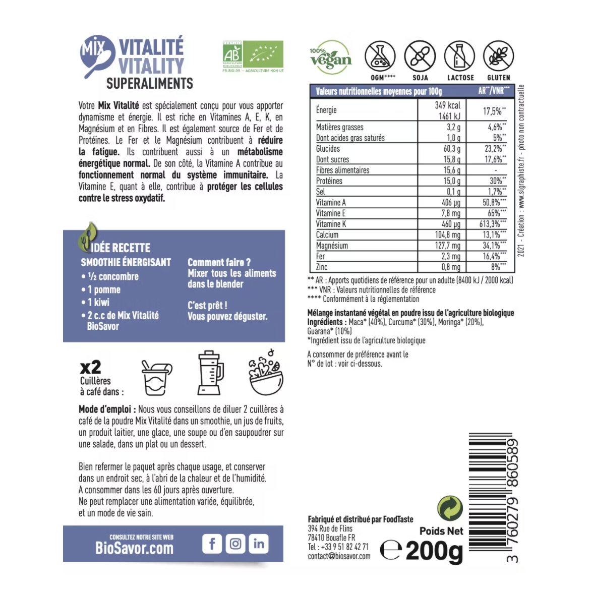 MIX VITALITÉ EN POUDRE - 200G - COMPLÉMENT ALIMENTAIRE
