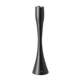  Tall black matte aluminum candlestick holder, sleek hourglass shape, modern minimalist design, elegant tapered form.