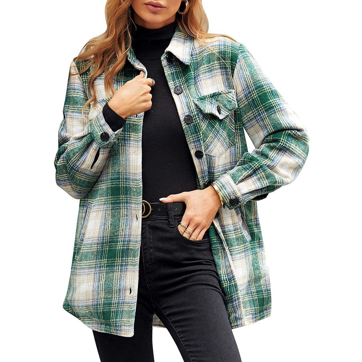 Women Oversized Check Button Shirt Jacket