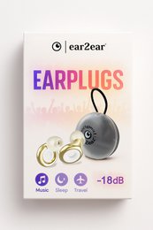 # Product Description

Black noise-canceling earplugs with gold accents, -18dB reduction, compact round design.