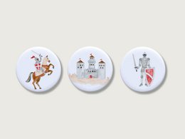 Set of 3 knight-themed magnets featuring a knight on horseback, a knight's castle, and a knight character. Suitable for children, boys, and fans of knights and castles.