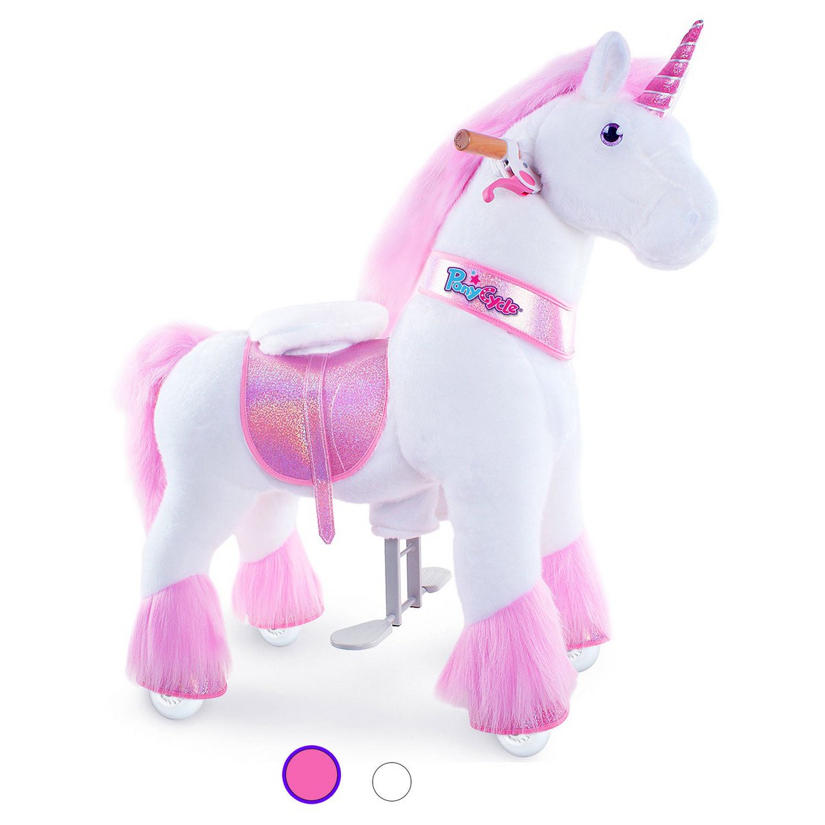 PonyCycle Official Classic Ride on Toys Modèle U Licorne blanche, rose et violette - avec frein et son