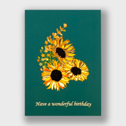 Vibrant yellow sunflowers with dark centers against a deep green background. The text "Have a wonderful birthday" is displayed in a stylized font.