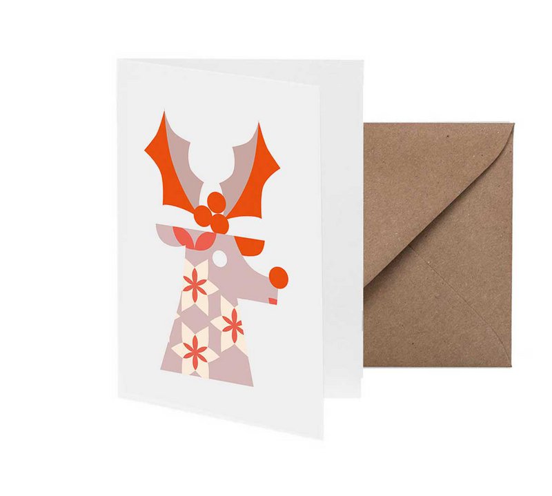 Kerstkaart rendier met ilexbladeren - met neonafdrukken