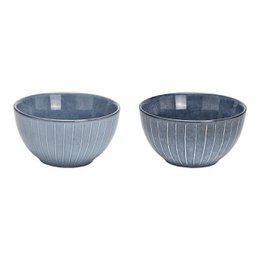 Stoneware bowl with 2 compartments, in a blue color. Dimensions: 14x7x14cm, 600ml capacity.