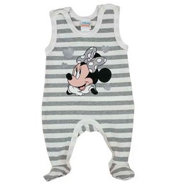 A grey and white striped onesie for girls featuring the Disney character Minnie Mouse. The onesie has a sleeveless design and a snap closure at the bottom for easy dressing.