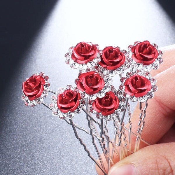 Scarlet Rose Bridal Hair Pins-One set of 8
