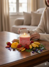 Pink scented candle, banana strawberry mango fragrance, cotton wood wick, fruity aromatic candle