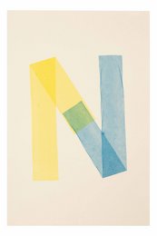Poster featuring a stylized letter N in yellow, green, and blue geometric shapes. The poster has a minimalist, abstract design that would complement a variety of home decor styles.