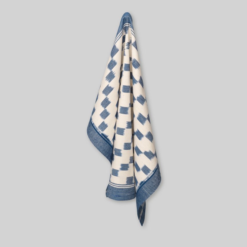Geschirrtuch, handgewebtes Ikat, Blockmuster in Blau/Ecru
