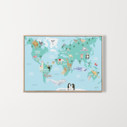 A colorful world map wall art for children's room, featuring continents, animals, and educational elements. Suitable for learning geography and exploring the world.