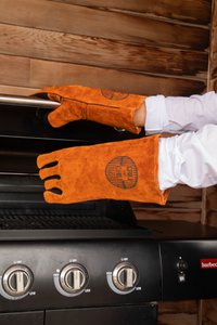 Set of 2 leather BBQ gloves - 36 x 19 cm - brown