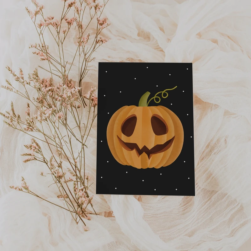Postkort Græskar Halloween - Carving Græskar lykønskningskort Græskar ansigt efterår