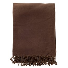  Plaid throw blanket in chocolate brown color, made of soft, cozy material with fringe trim.