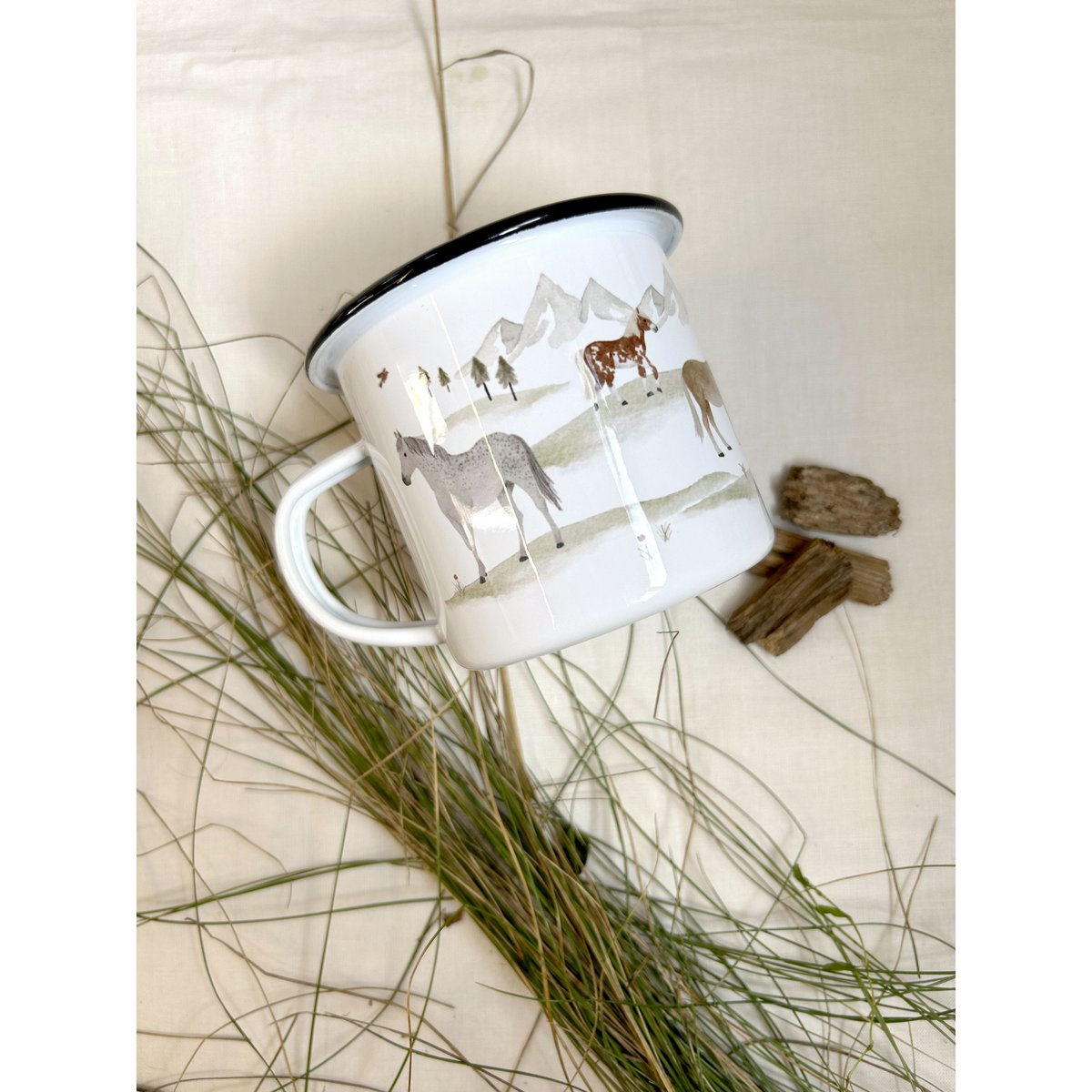 Emaille Tasse Pferde | Becher | Kinderbecher | Pferd | Pony | Reiten | Reiterin | Aquarell | Wasserfarbe || HERZ & PAPIER