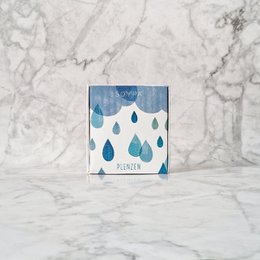 Plenzen soap bar with clary sage, peppermint, and petitgrain scents in a blue and white box with a rain drop pattern.