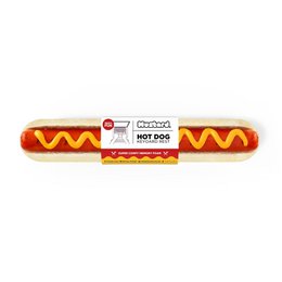  A mustard-colored hot dog-shaped keyboard wrist rest with a zigzag pattern, suitable for use with a computer mouse pad.