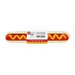 A mustard-colored hot dog-shaped keyboard wrist rest with a zigzag pattern, suitable for use with a computer mouse pad.