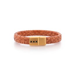 Leather bracelet in light brown color with a metal clasp featuring the 'xxx' symbol. The bracelet has a woven, textured design.
