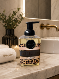  Cream and black leopard print foam dispenser, round shape, wild animal pattern, 500ml soap bottle