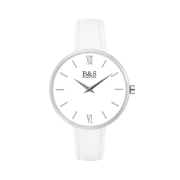 White minimalist watch with Roman numeral hour markers and a simple, clean design.