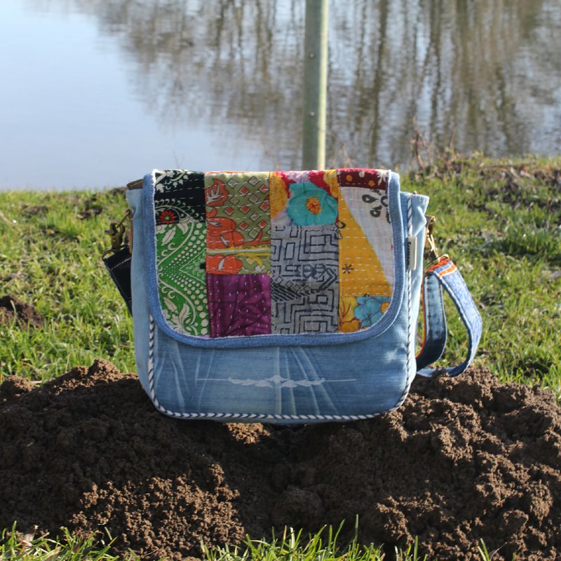 Bolso de hombro sostenible de mujer Sunsa. Bolso de hombro hecho de tela de jeans y sari reciclados (lienzo). Bolso estilo retro vintage. Bolso bandolera para mujer.