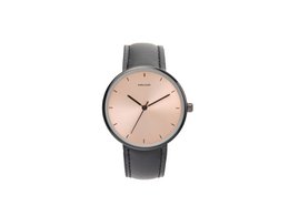  Stainless steel watch with a rose gold dial and a black leather strap.