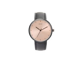 Stainless steel watch with a rose gold dial and a black leather strap.