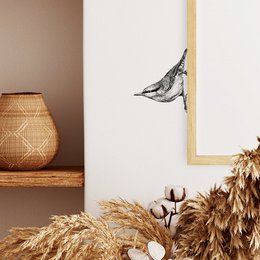  A black and white illustration of a nuthatch bird, a small songbird with a distinctive long, sharp beak. The nuthatch is perched on a branch, with its wings spread and its beak open, suggesting an active, alert pose.
