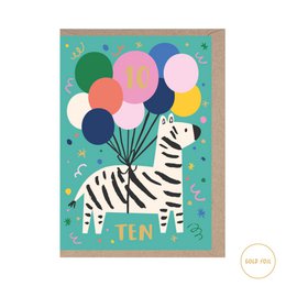 A colorful birthday card featuring a zebra surrounded by vibrant balloons. The card has the text "10 Years Old - Zebra (Foiled)" printed on it, indicating it is a 10th birthday card.
