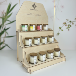 Wooden display stand for 12 candles, natural light wood, tiered shelving, retail POS fixture