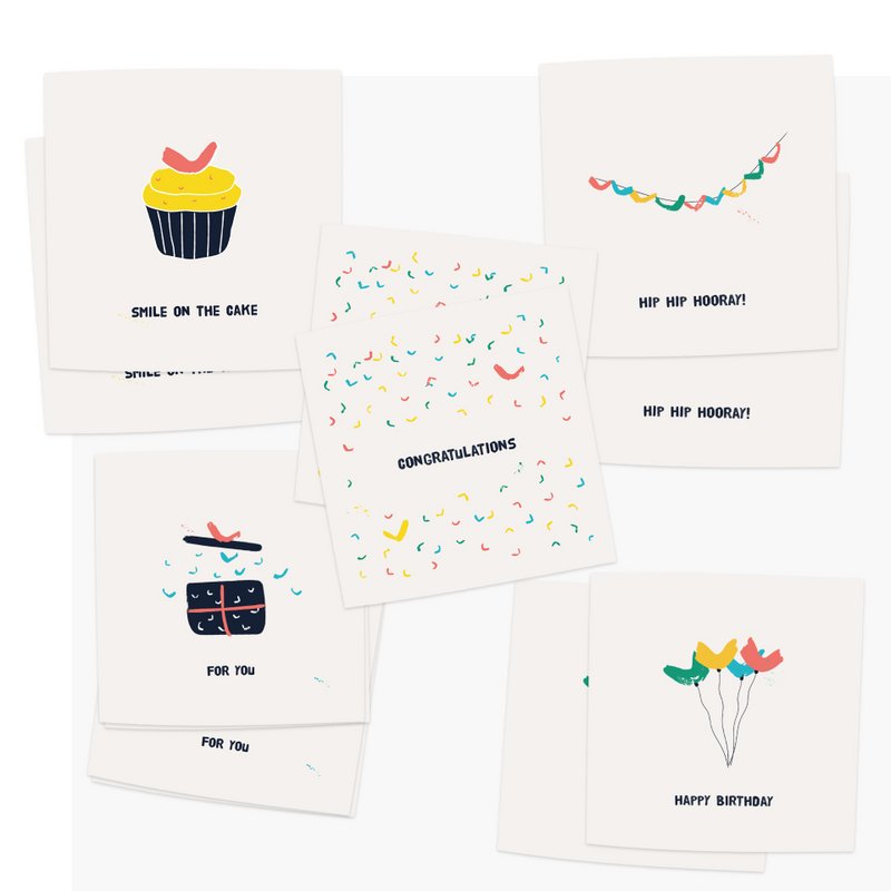 Set of 10 greeting cards with envelope | BIRTHDAY: Cake - hooray - congratulations - 5 different designs | Folded card - matte off-white - heavy quality biotop paper