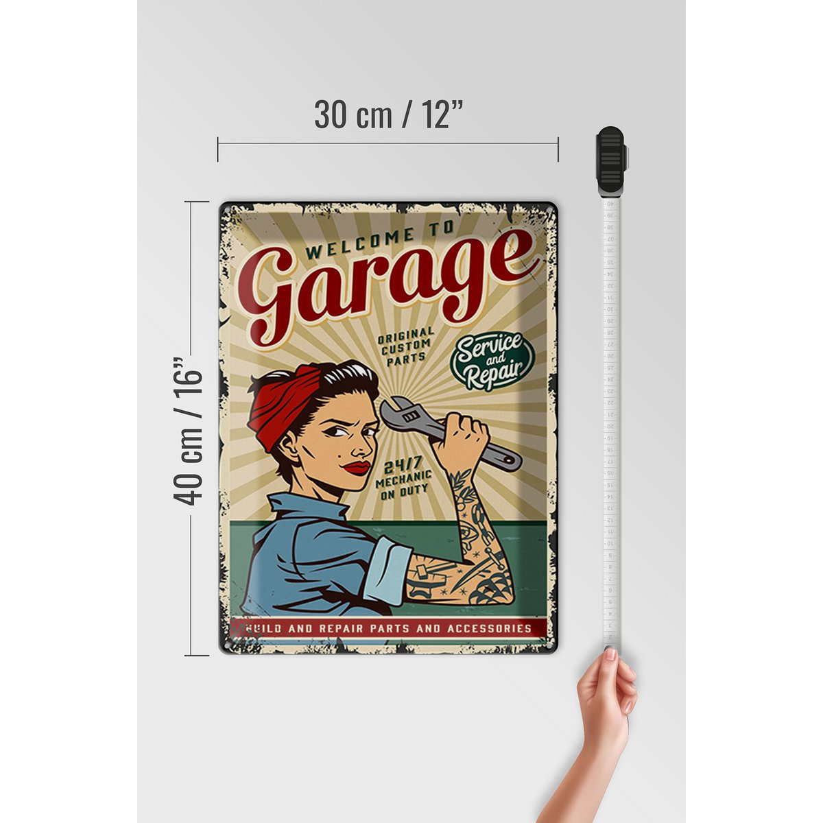 Blechschild Retro 30x40cm Pinup welcome Garage service 24/7