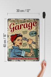 Blechschild Retro 30x40cm Pinup welcome Garage service 24/7