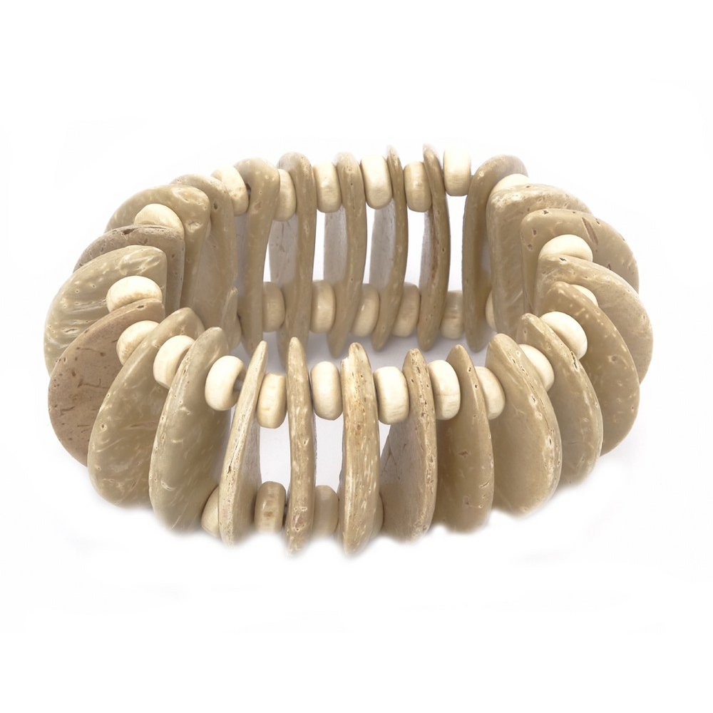 Handmade durable elastic bracelet in beige tone and cream color wooden beads