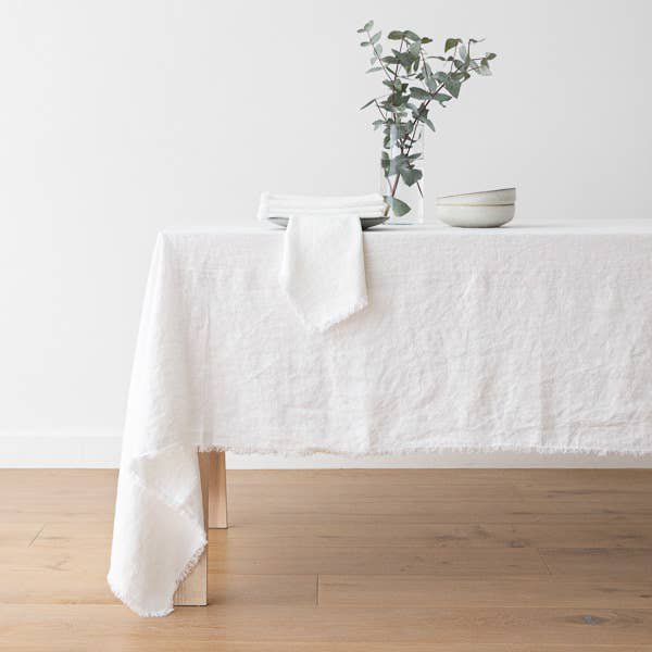 Linen Tablecloth Optical White Terra Fringe