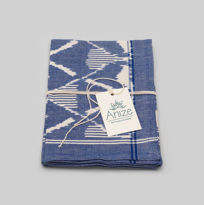 Paño de cocina, ikat tejido a mano, patrón de rombos en azul/crudo