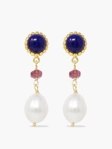 Lapis, Pink Quartz & Pearl Drop Earrings