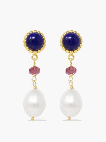 Lapis, Pink Quartz & Pearl Drop Earrings
