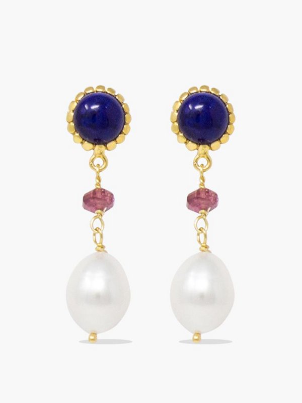 Lapis, Pink Quartz & Pearl Drop Earrings