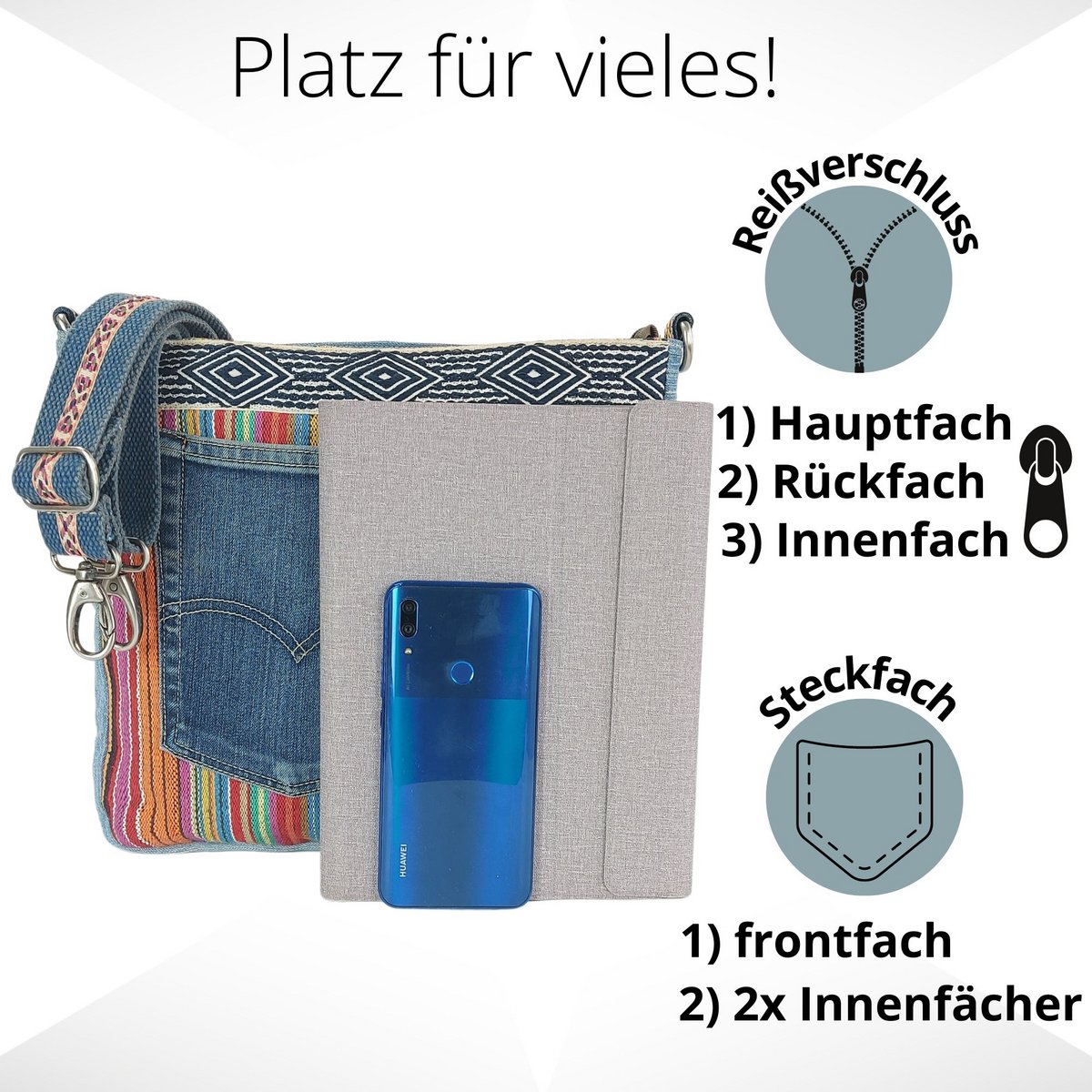 Sunsa Damen Umhängetasche. Schultertasche aus Upcycling Jeans und Baumwolle. Handtasche Vintage Retro Stil. Crossbody Tasche für Frauen.