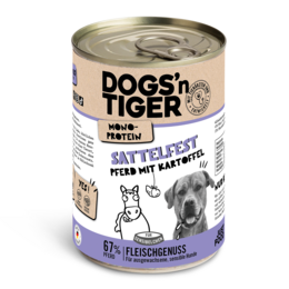 Dogs'n Tiger Adult dog food, wet food, saddle solid, grain-free, hypoallergenic, monoprotein, horse & potato
The product is a wet dog food from the Dogs'n Tiger brand. It is an adult dog food that is grain-free, hypoallergenic, and monoprotein, with horse and potato as the main ingredients. The food comes in a saddle solid shape and is available in 400g, 6x 400g, and 12x 400g variants.