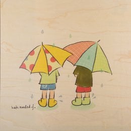 Colorful umbrellas, rain boots, and a rainy day scene depicted in a whimsical illustration.