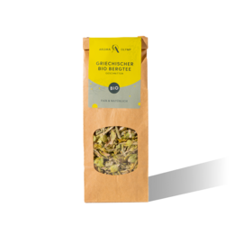 Greek organic mountain tea from Olympus, 40 g, 170 g, 1 kg, and 25 g cut in paper bag.