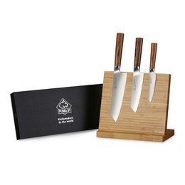 PUMA IP set of 3: 7” Santokumesser + 5.5” Santokumesser + Office 4” Schälmesser aus Japanischem VG-10 Damaststahl mit Griff aus Nussbaum-Pakkaholz mit Magnet-Bambus Messerhalter und Wasserschleifstein