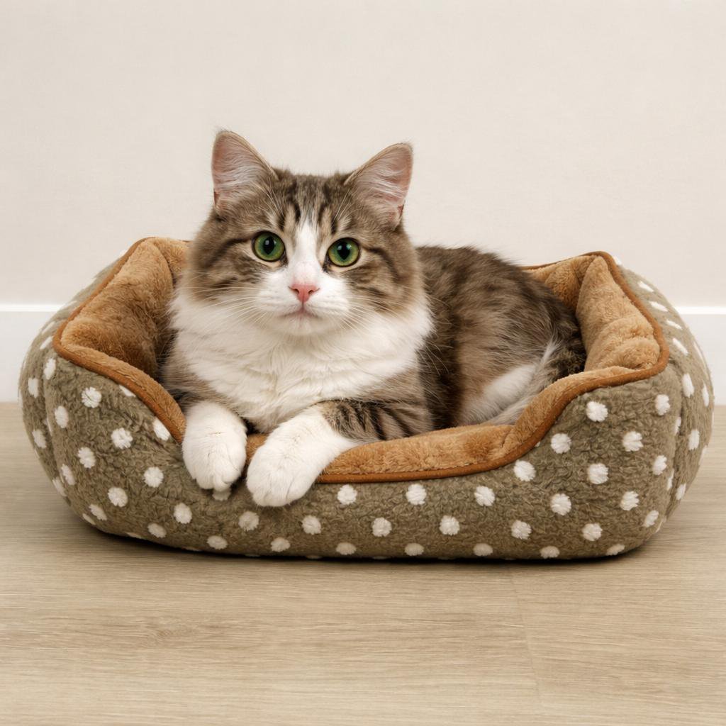 Yommy Pink Haustierbett | 3 Größen Plüsch-Punkt-Design-Bett | Rutschfeste Unterseite | 3 Farben | Gepolstertes Winterbett