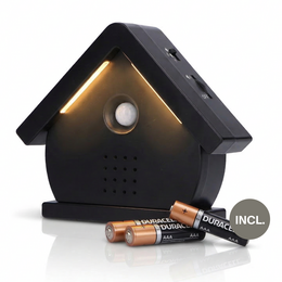 Black birdhouse with warm LED light, motion sensor, natural bird sounds, modern house shape design.