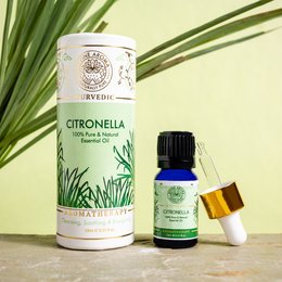  'Citronella Essential Oil | 10ml | 100% Pure & Natural | Ideal for Aromatherapy, Diffuser, Massage, Skin & Hair Care'

The product is a 10ml bottle of 100% pure and natural citronella essential oil. Key details about the product include:

Colors: The product packaging features green and white colors, with a glass bottle and gold-colored dropper.
Materials: The product is contained in a glass bottle with a dropper.
Style: The packaging has a simple, natural aesthetic with botanical illustrations.
Shape: The bottle is a standard essential oil bottle shape, tall and cylindrical.

This citronella essential oil is suitable for a variety of uses, including aromatherapy, diffuser, massage, skin and hair care. The description highlights that it is 100% pure and natural, making it an ideal choice for those seeking natural wellness products.
